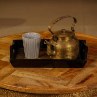 Medium brass work wooden serving tray floral design Indian handicraft decor