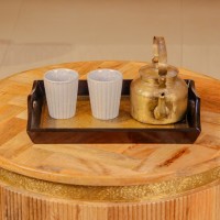 Large brass work wooden serving tray floral design Indian handicraft decor