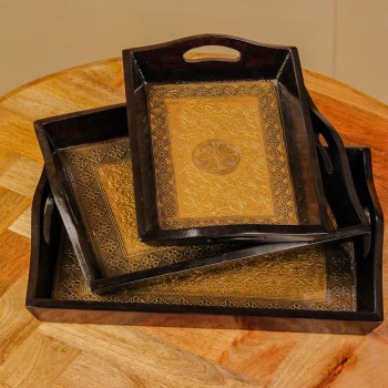 Set of 3 brass work wooden serving trays floral design Indian handicraft decor