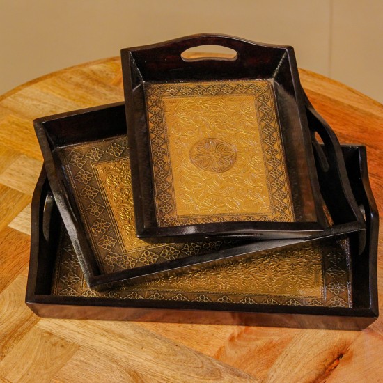 Set of 3 brass work wooden serving trays floral design Indian handicraft decor