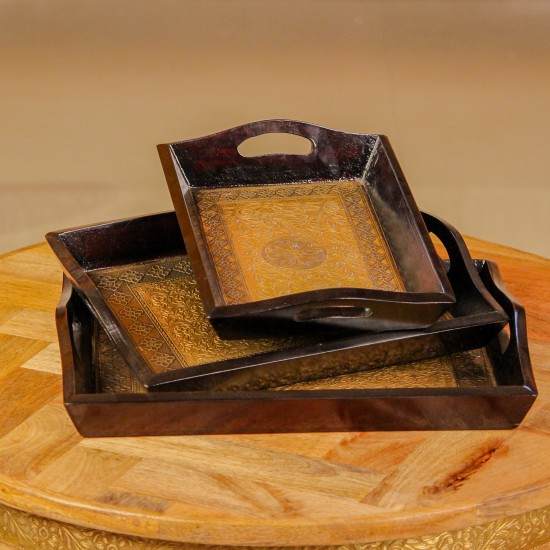 Set of 3 brass work wooden serving trays floral design Indian handicraft decor