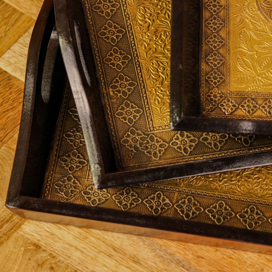Set of 3 brass work wooden serving trays floral design Indian handicraft decor
