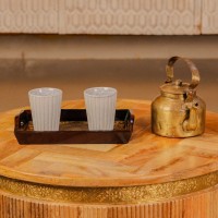 Small brass work wooden serving tray diamond design Indian handicraft decor