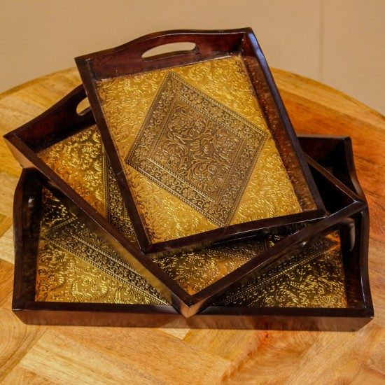 Brass Work Wooden Serving Tray Set of 3 Diamond Design | Indian Handicraft Decor Set of 3 brass work wooden serving trays diamond design Indian handicraft decor