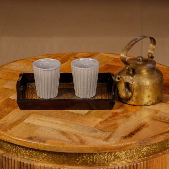 Small brass work wooden serving tray rectangular design Indian handicraft decor