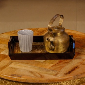 Medium brass work wooden serving tray rectangular design Indian handicraft decor