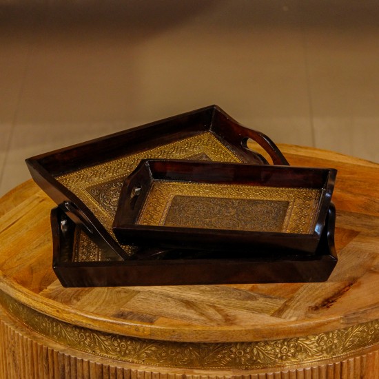 Brass Work Wooden Serving Tray Set of 3 Rectangular Design | Indian Handicraft Decor Set of 3 brass work wooden serving trays rectangular design Indian handicraft decor