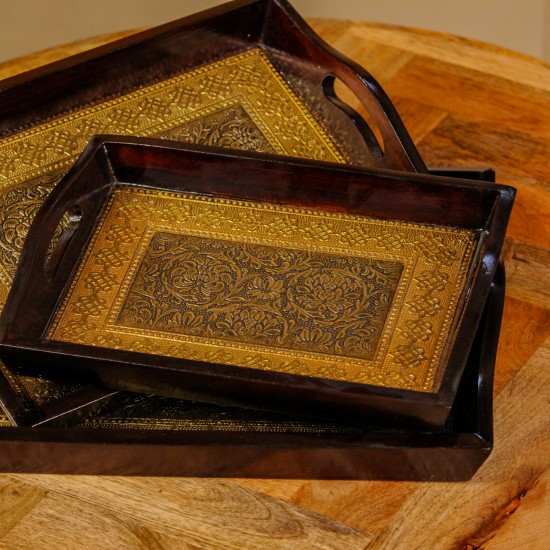 Brass Work Wooden Serving Tray Set of 3 Rectangular Design | Indian Handicraft Decor Set of 3 brass work wooden serving trays rectangular design Indian handicraft decor