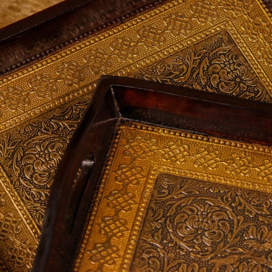 Brass Work Wooden Serving Tray Set of 3 Rectangular Design | Indian Handicraft Decor Set of 3 brass work wooden serving trays rectangular design Indian handicraft decor