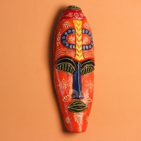 Hand Painted Tribal Face Mask – Orange Mandala Large hand-carved wooden tribal face mask hand painted in bright orange with navy and mustard accents, a dotted mandala border, and fine white floral detailing across the face.