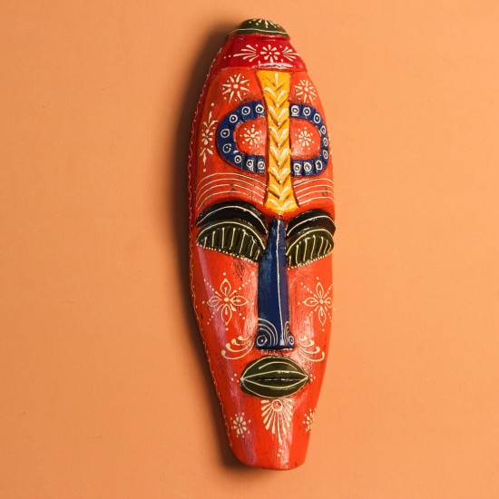 Hand Painted Tribal Face Mask – Orange Mandala Large hand-carved wooden tribal face mask hand painted in bright orange with navy and mustard accents, a dotted mandala border, and fine white floral detailing across the face.