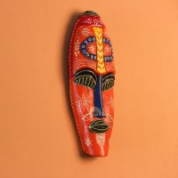 Hand Painted Tribal Face Mask – Orange Mandala Large hand-carved wooden tribal face mask hand painted in bright orange with navy and mustard accents, a dotted mandala border, and fine white floral detailing across the face.