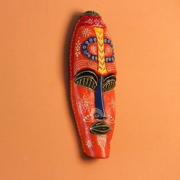 Hand Painted Tribal Face Mask – Orange Mandala Large hand-carved wooden tribal face mask hand painted in bright orange with navy and mustard accents, a dotted mandala border, and fine white floral detailing across the face.