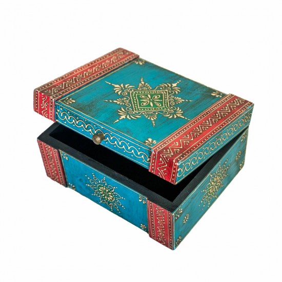 Hand Painted Blue and Red coloured  Jewellery Chest 7.5 x 9  inch