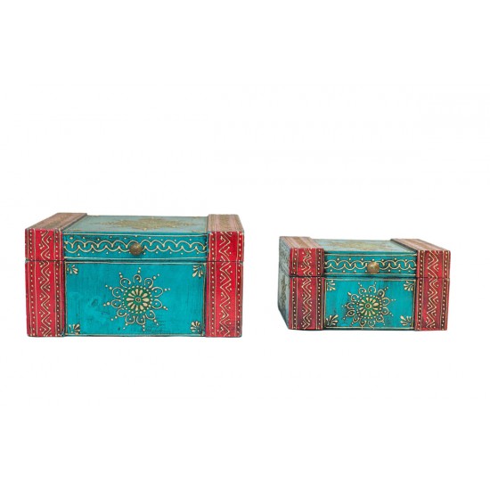 Hand Painted Blue and Red coloured  Jewellery Chest (set of two)