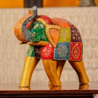 Hand painted wooden elephant figurine multicolor Rajasthani folk art Indian decor