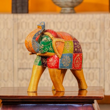 Hand painted wooden elephant figurine multicolor Rajasthani folk art Indian decor