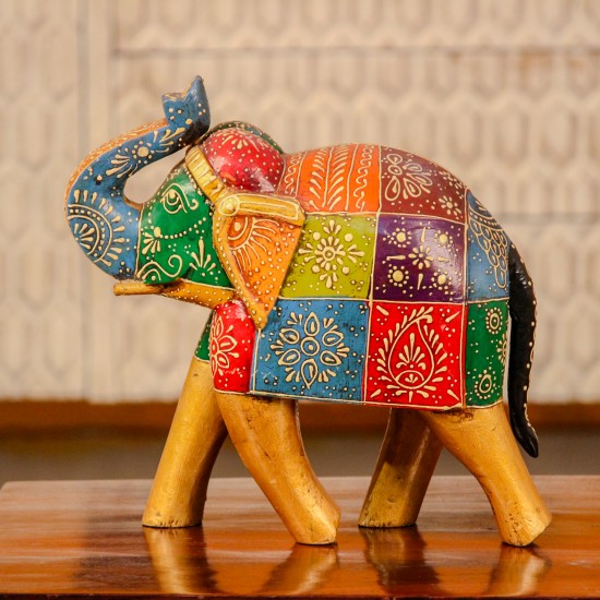 Hand painted wooden elephant figurine multicolor Rajasthani folk art Indian decor