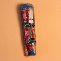 Hand Painted Tribal Face Mask – Maroon Mandala Hand-carved wooden tribal face mask in an elongated form, hand painted in maroon with a mandala-bordered crown, green eyes, and fine white floral detailing.