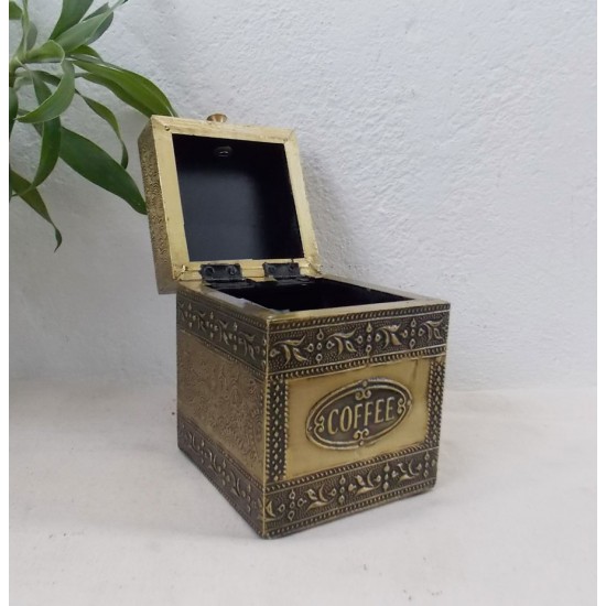 Embossed Brass Art Wooden Coffee Container Box - Full Brass