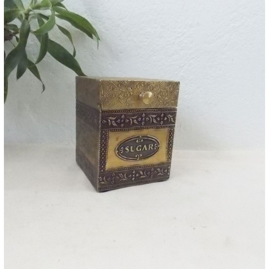 Embossed Brass Art Wooden Sugar Container Box - Full Brass