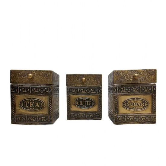 Embossed Brass Art Wooden Tea-Coffee-Sugar Container Box - Full Brass (Set of Three) Embossed Brass Art Wooden Tea-Coffee-Sugar Container Box - Full Brass (Set of Three)