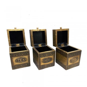 Embossed Brass Art Wooden Tea-Coffee-Sugar Container Box - Full Brass (Set of Three)