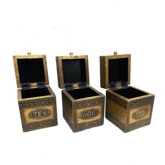 Embossed Brass Art Wooden Tea-Coffee-Sugar Container Box - Full Brass (Set of Three) Embossed Brass Art Wooden Tea-Coffee-Sugar Container Box - Full Brass (Set of Three)