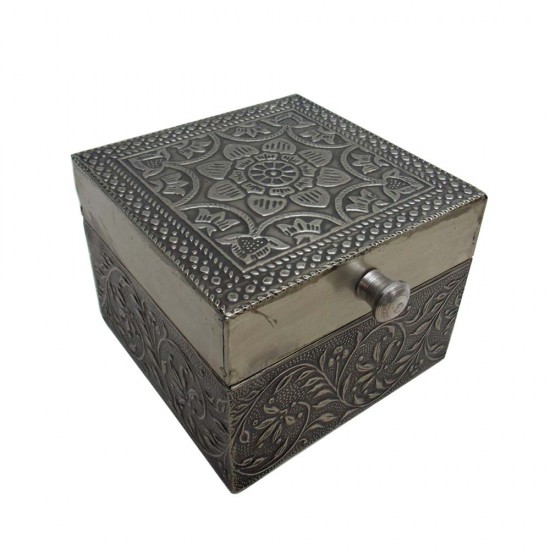 Antique Finished Square Box- Embossed White Metal Artwork on wood - 4 x 4 Inches Antique Finished Square Box- Embossed White Metal Artwork on wood - 4 x 4 Inches