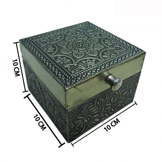 Antique Finished Square Box- Embossed White Metal Artwork on wood - 4 x 4 Inches Antique Finished Square Box- Embossed White Metal Artwork on wood - 4 x 4 Inches