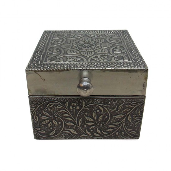   Antique Finished Square Box- Embossed White Metal Artwork on wood  - 4 x 4 Inches