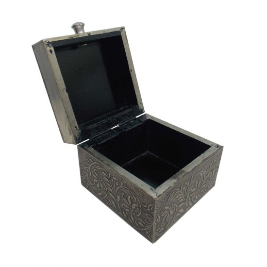 Antique Finished Square Box- Embossed White Metal Artwork on wood - 4 x 4 Inches Antique Finished Square Box- Embossed White Metal Artwork on wood - 4 x 4 Inches