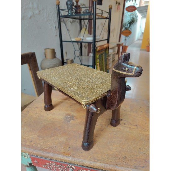 Wooden Camel Stool with Embossed Brassart Wooden Camel Stool with Embossed Brassart