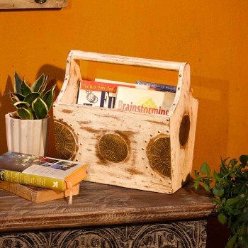 Distressed white wooden basket magazine holder
