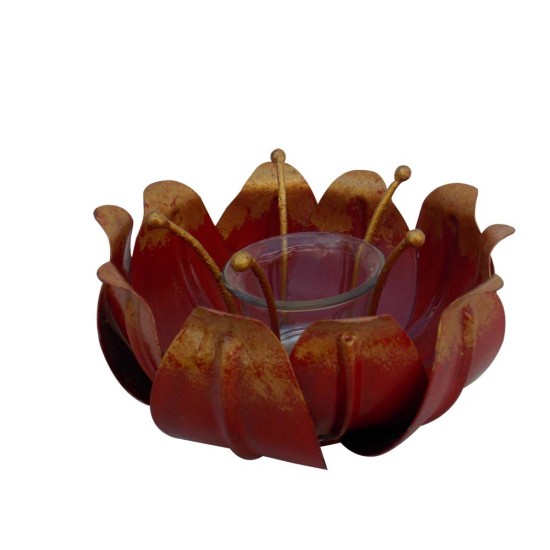 Iron Red Lotus with Glass Votive- Festive Decor