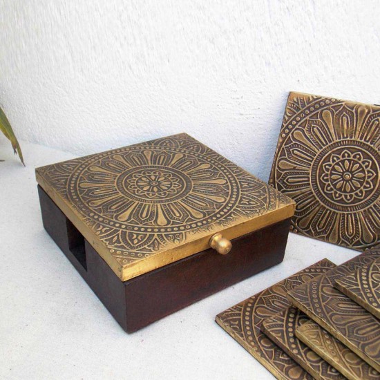 Embossed Brass Art Tea Coaster- Set of 6 in a Box.