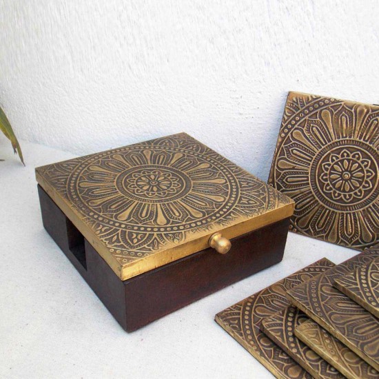 Embossed Brass Art Tea Coaster- Set of 6 in a Box. Embossed Brass Art Tea Coaster- Set of 6 in a Box.
