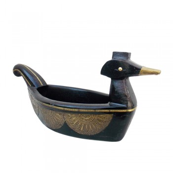 Duck Shaped Wooden Bowl - Embossed Brass