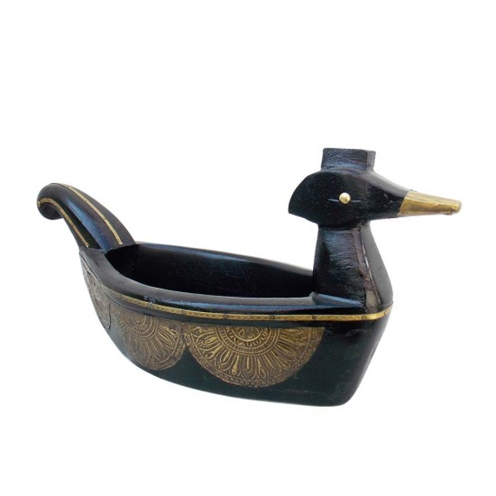 Duck Shaped Wooden Bowl - Embossed Brass