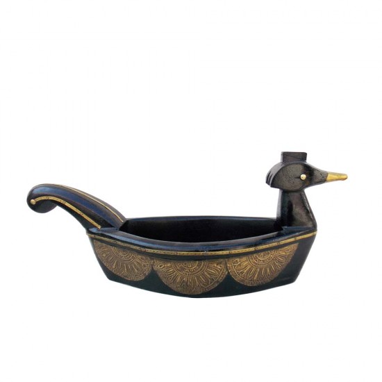 Duck Shaped Wooden Bowl - Embossed Brass