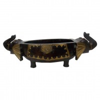 Two Elephant Head Fruit Bowl  - Embossed Brass Art on Brown Polish