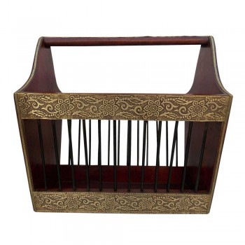 Dark Walnut Polished Wood & Iron Craft Magazine Basket - Embellished with Embossed Brass Artwork