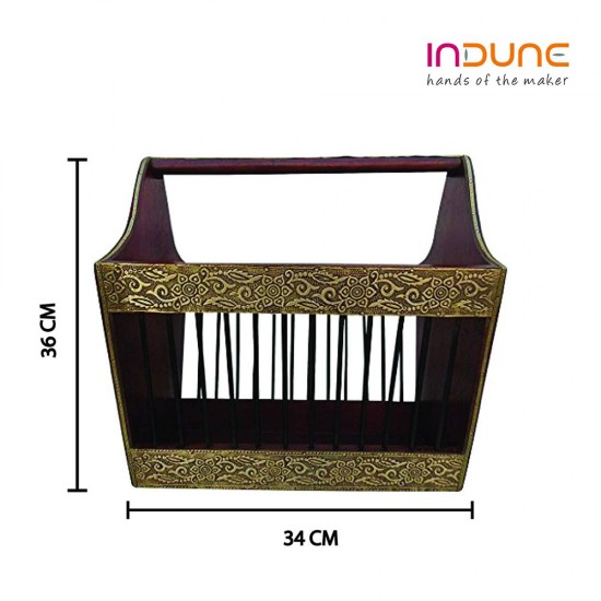 Dark Walnut Polished Wood & Iron Craft Magazine Basket - Embellished with Embossed Brass Artwork