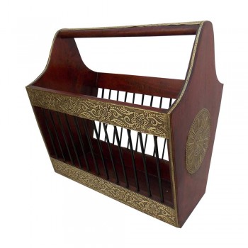 Dark Walnut Polished Wood & Iron Craft Magazine Basket - Embellished with Embossed Brass Artwork