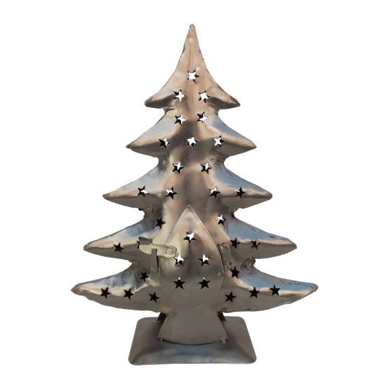Silver Polished Iron Craft Christmas Tree Showpiece cum T-Lite Holder - 12 Inch