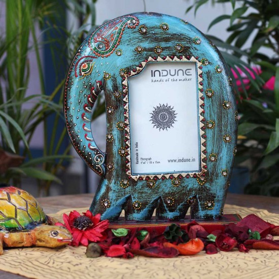 Wooden Elephant Photo Frame with Stand - Unsophisticated Rustic Blue Wooden Elephant Photo Frame with Stand - Unsophisticated Rustic Blue