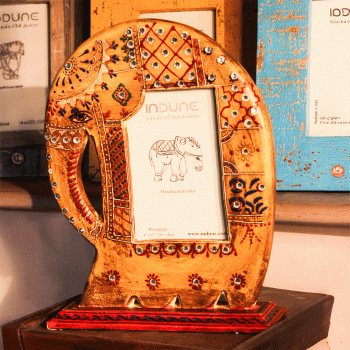 Hand-painted wooden elephant photo frame with stand in yellow orange finish