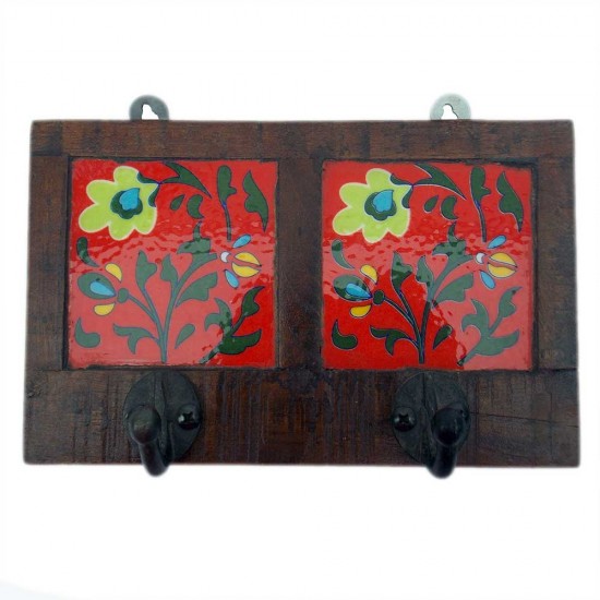 Wooden Two Hook With Ceramic Tile (Mix-Assorted Colours)