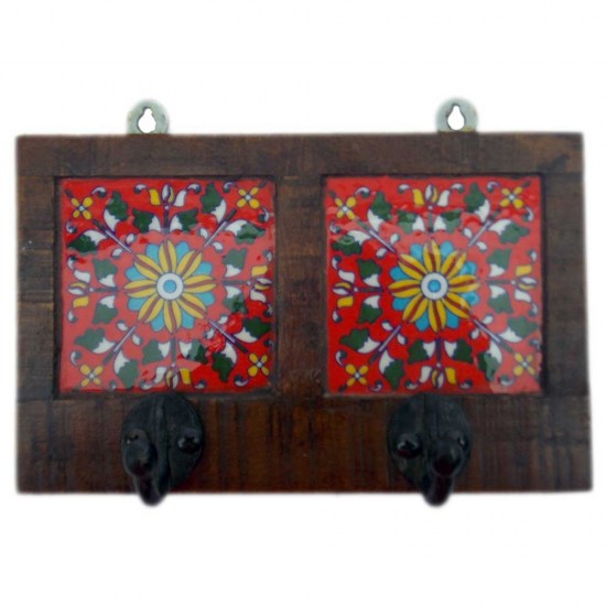 Wooden Two Hook With Ceramic Tile (Mix-Assorted Colours)