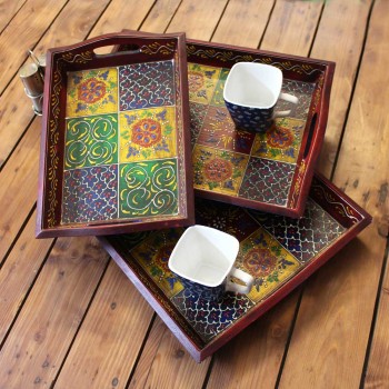 Hand Painted Wooden Serving Tray (Set of Three)